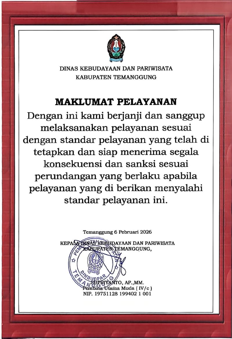 Komitmen Kami: Maklumat Pelayanan Dinas Kebudayaan dan Pariwisata Kabupaten Temanggung Tahun 2026